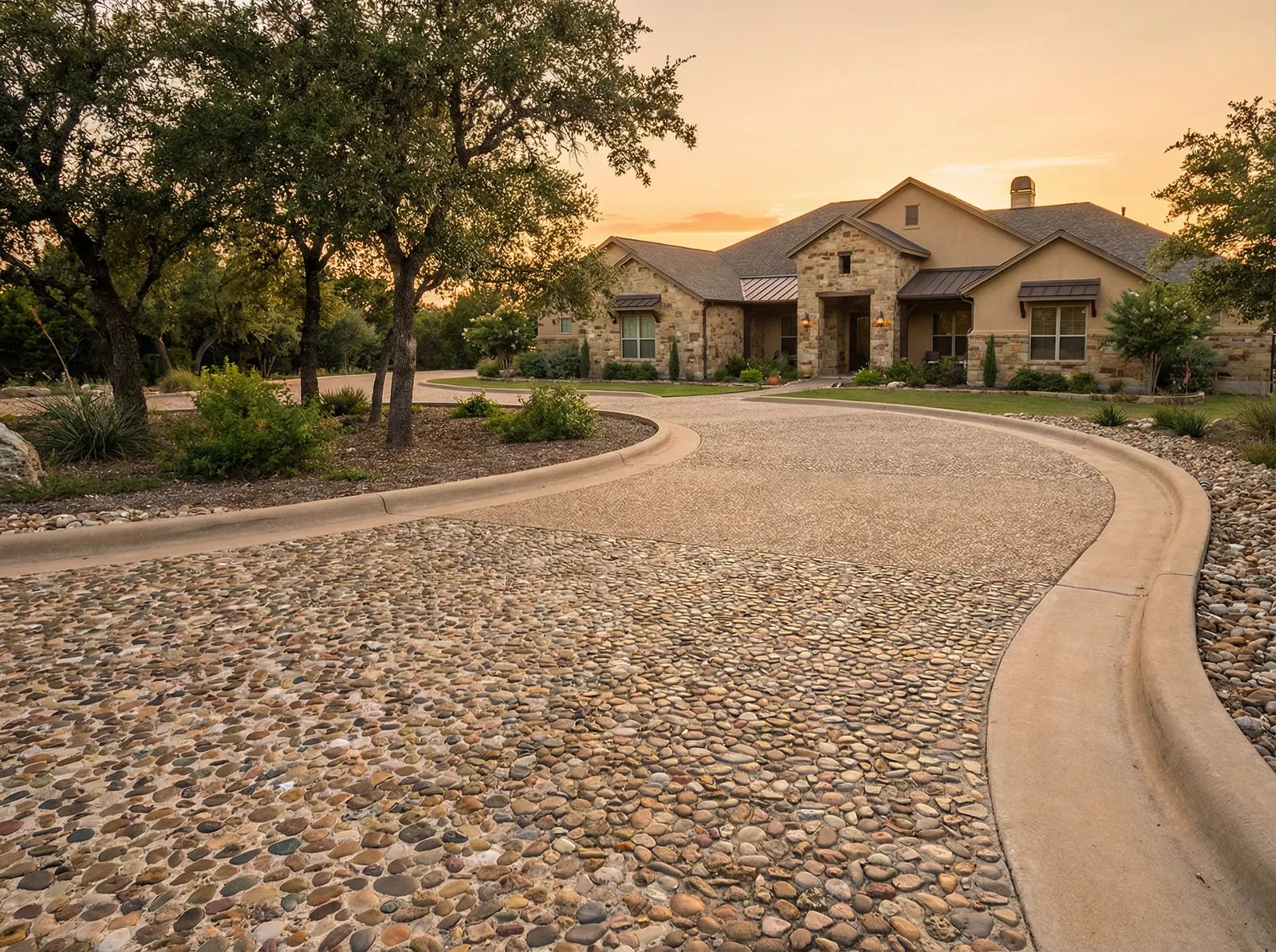 New exposed aggregate concrete driveway after installation
